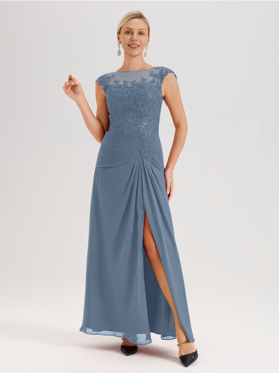 Cicinia Bleu De Schiste Robe De Mère De La Mariée Longue Ligne A En Dentelle Et Mousseline À Col Ras Du Cou Et Sans Manches