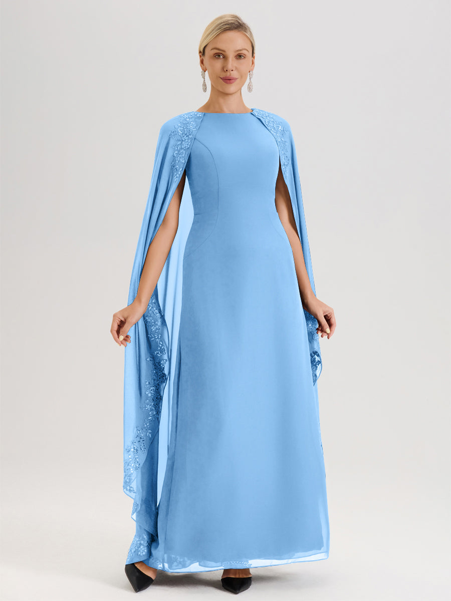Cicinia Bleu Robe De Mère De La Mariée Longue Col Rond Ligne A En Dentelle Et Mousseline À Cape