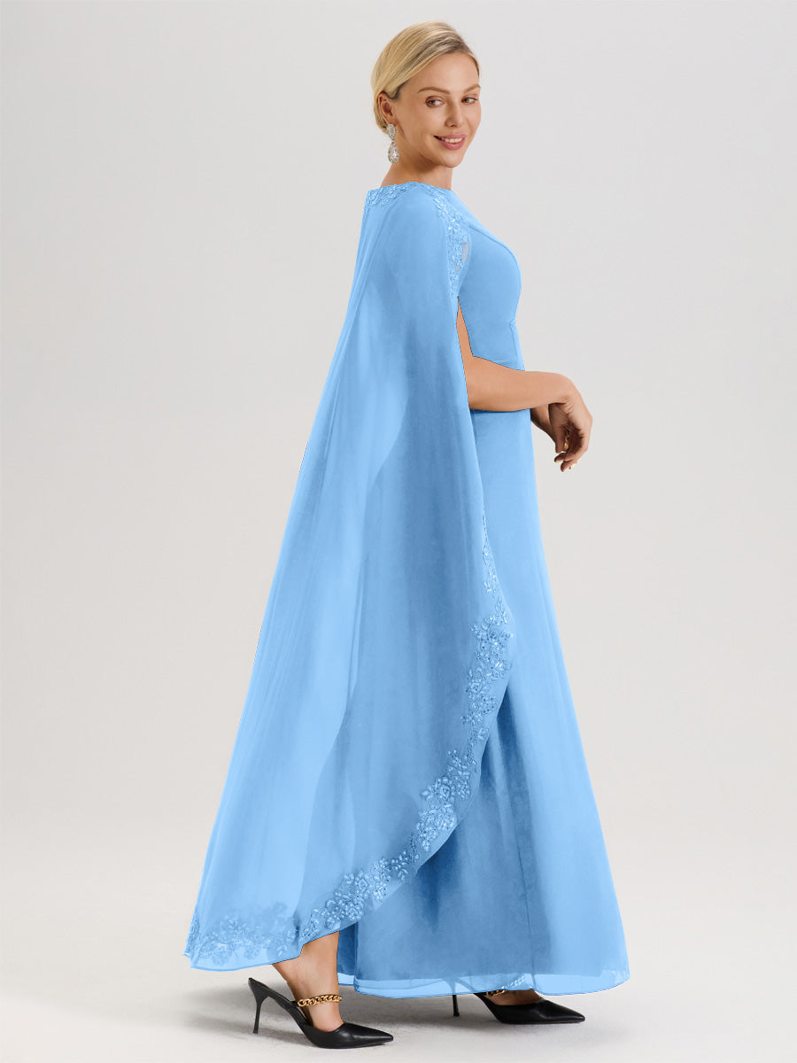 Cicinia Bleu Robe De Mère De La Mariée Longue Col Rond Ligne A En Dentelle Et Mousseline À Cape
