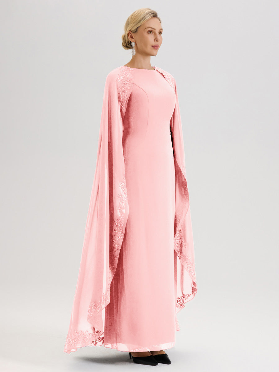 Cicinia Rose Robe De Mère De La Mariée Longue Col Rond Ligne A En Dentelle Et Mousseline À Cape