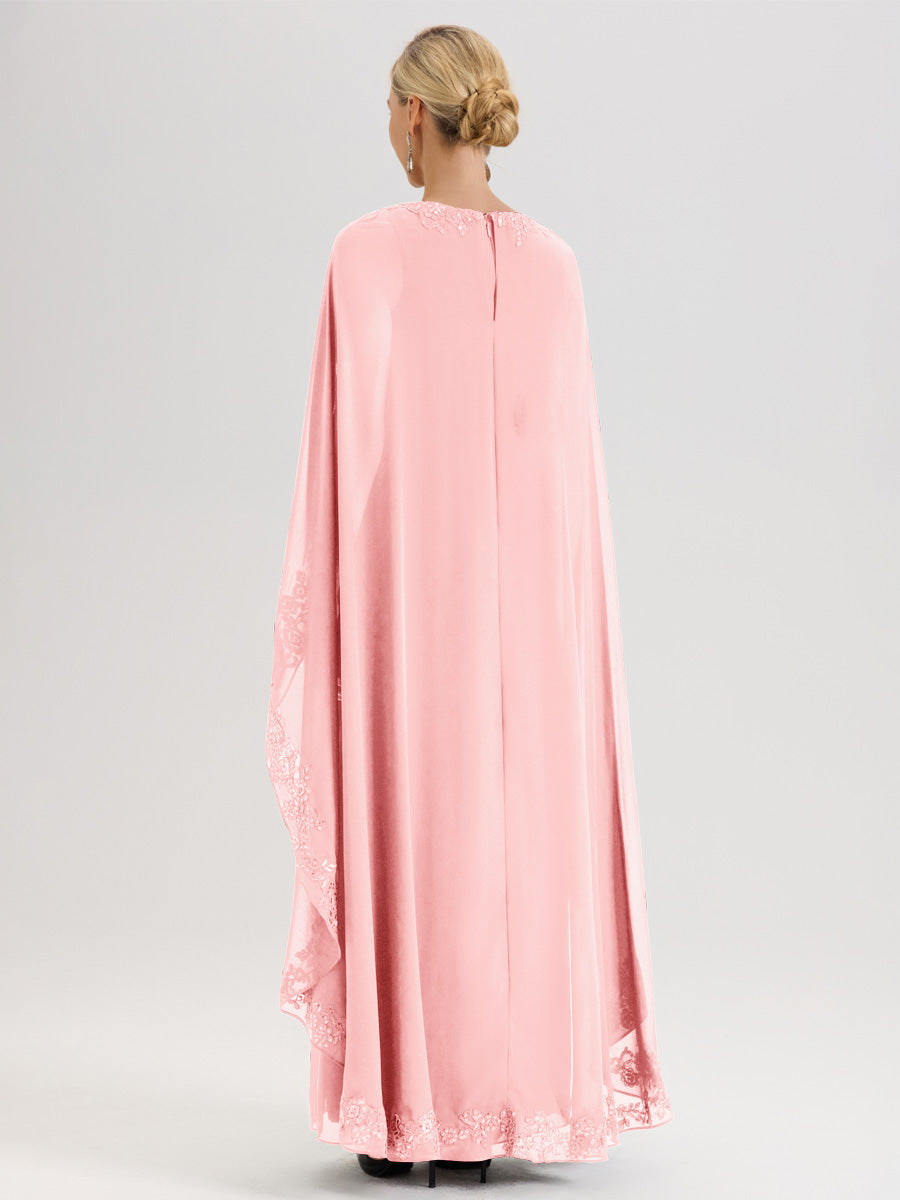 Cicinia Rose Robe De Mère De La Mariée Longue Col Rond Ligne A En Dentelle Et Mousseline À Cape