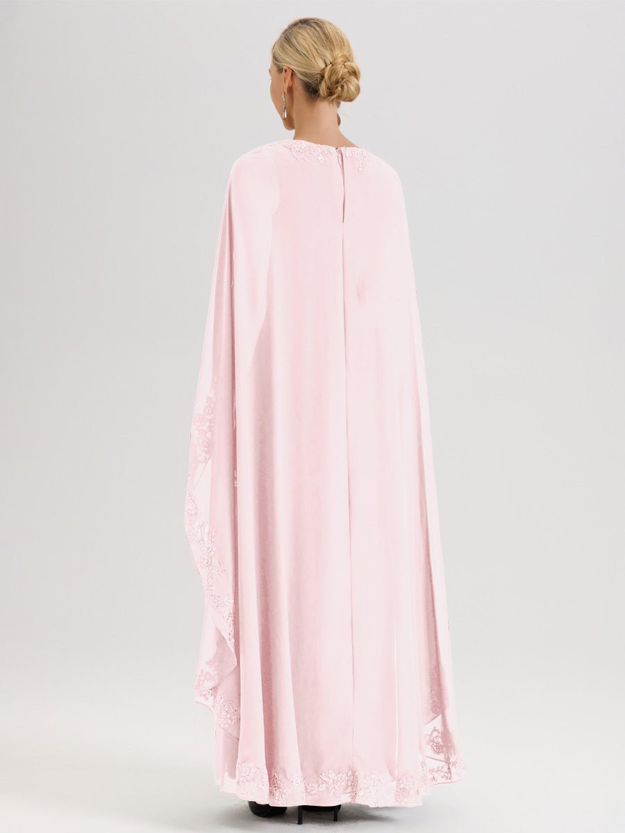 Cicinia Rose Pâle Robe De Mère De La Mariée Longue Col Rond Ligne A En Dentelle Et Mousseline À Cape