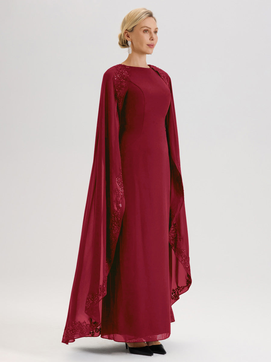 Cicinia Bordeaux Robe De Mère De La Mariée Longue Col Rond Ligne A En Dentelle Et Mousseline À Cape