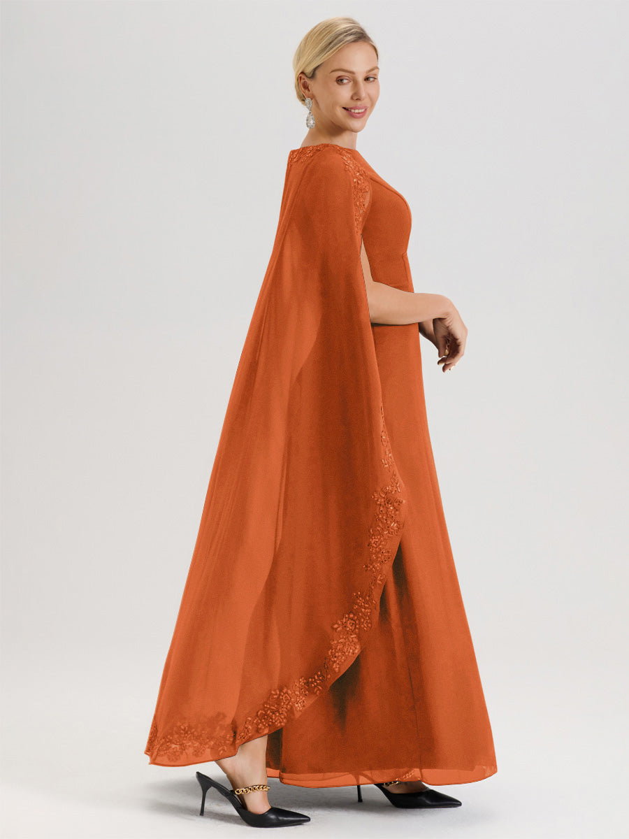 Cicinia Orange Brûlé Robe De Mère De La Mariée Longue Col Rond Ligne A En Dentelle Et Mousseline À Cape