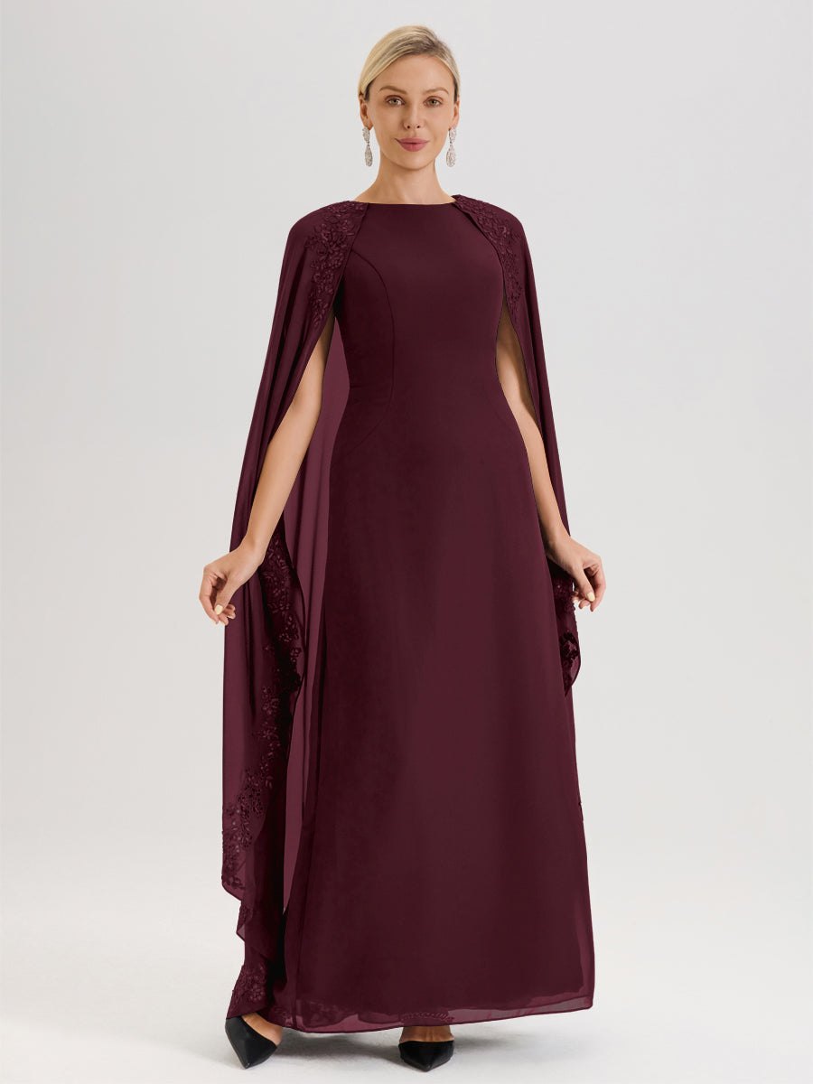 Cicinia Cabernet Robe De Mère De La Mariée Longue Col Rond Ligne A En Dentelle Et Mousseline À Cape