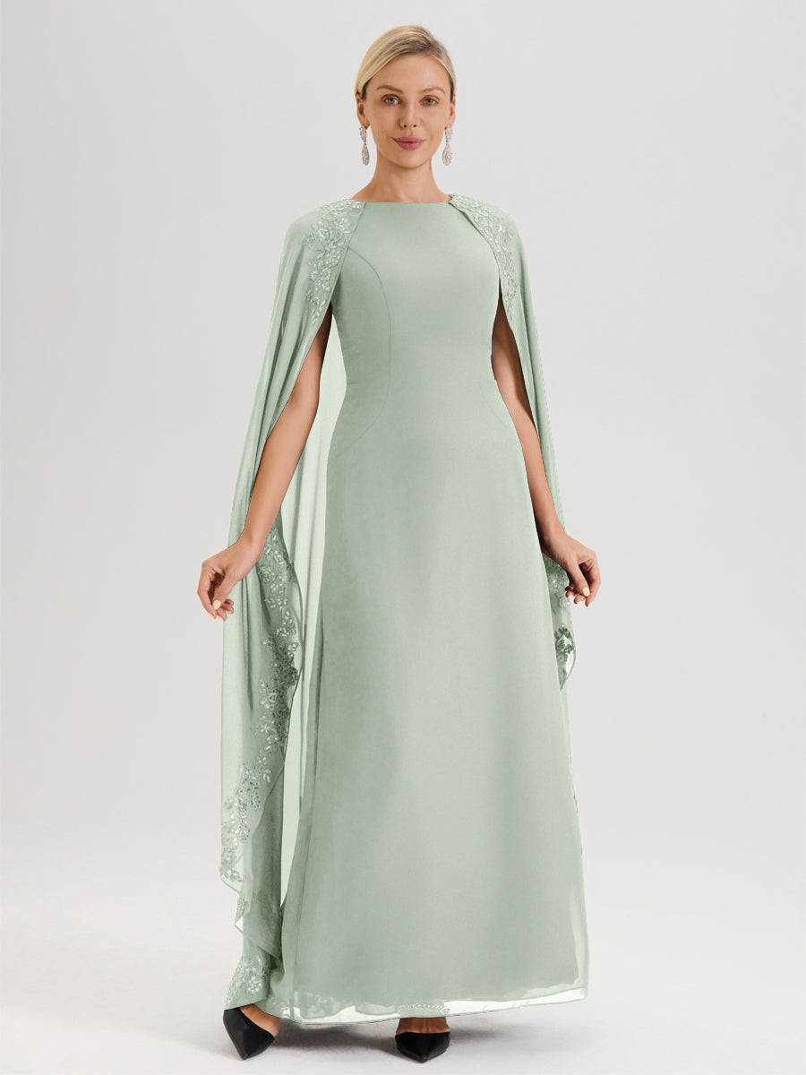 Cicinia Celadon Robe De Mère De La Mariée Longue Col Rond Ligne A En Dentelle Et Mousseline À Cape