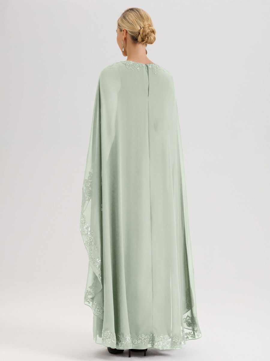 Cicinia Celadon Robe De Mère De La Mariée Longue Col Rond Ligne A En Dentelle Et Mousseline À Cape