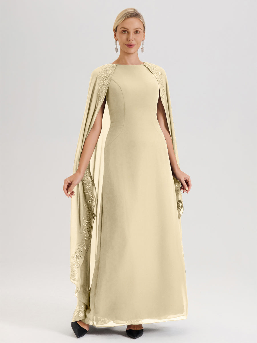 Cicinia Champagne Robe De Mère De La Mariée Longue Col Rond Ligne A En Dentelle Et Mousseline À Cape