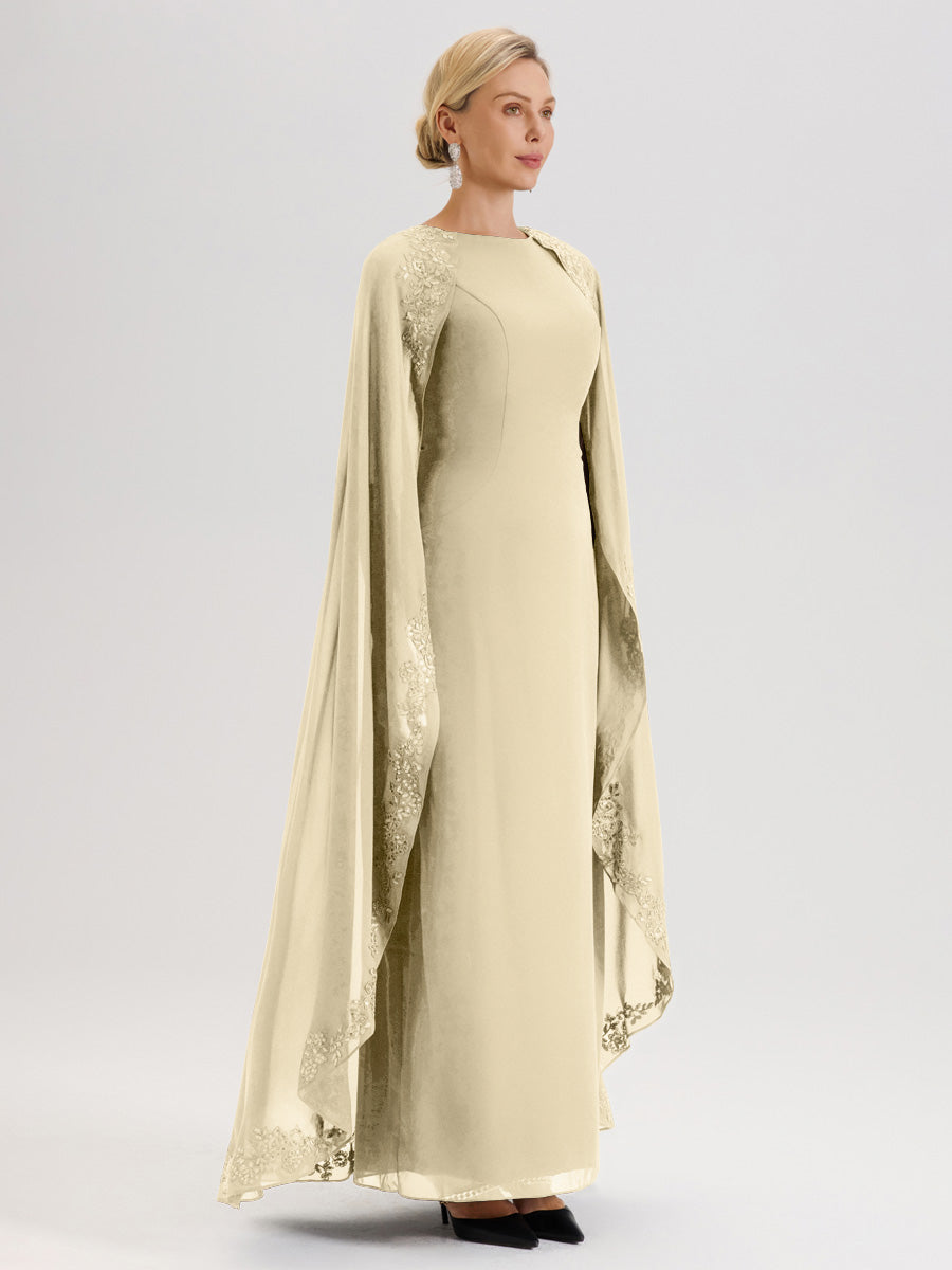 Cicinia Champagne Robe De Mère De La Mariée Longue Col Rond Ligne A En Dentelle Et Mousseline À Cape