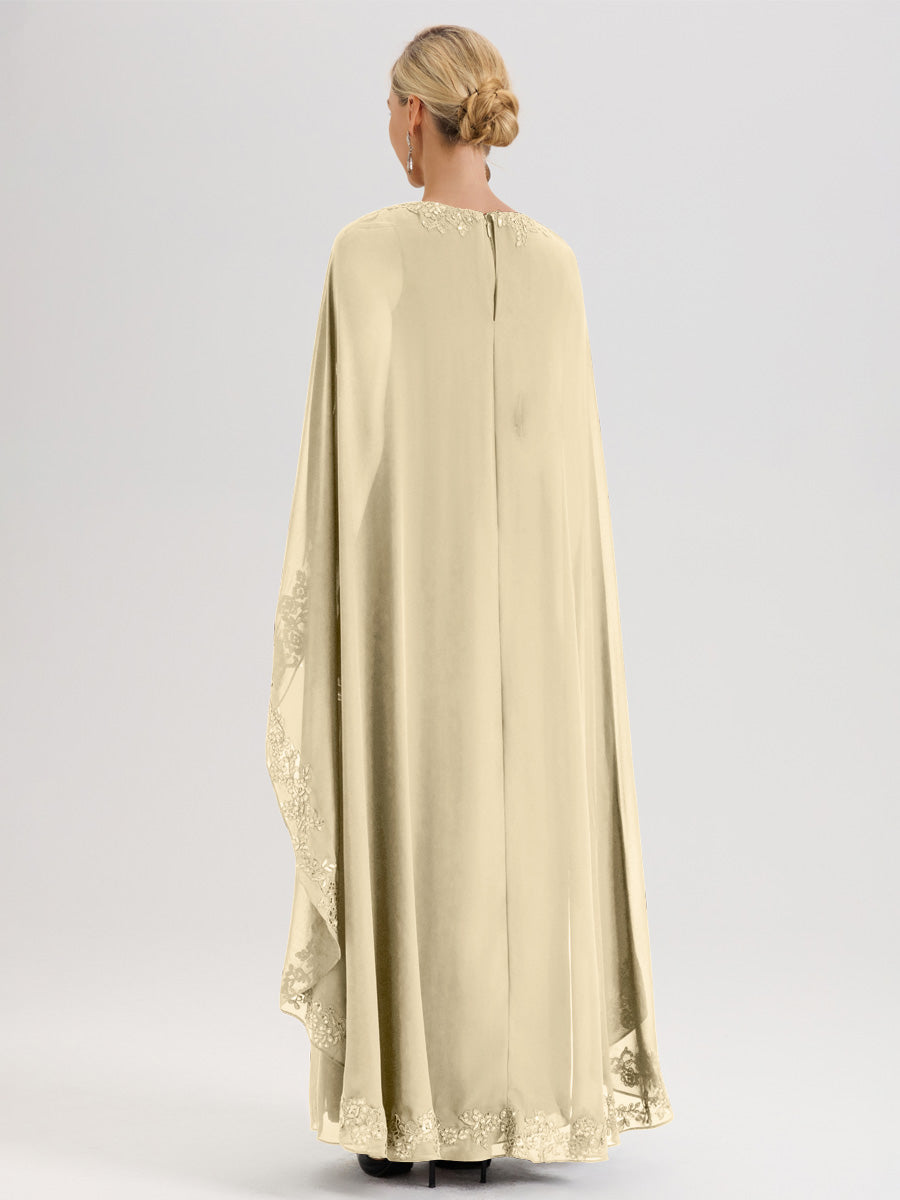 Cicinia Champagne Robe De Mère De La Mariée Longue Col Rond Ligne A En Dentelle Et Mousseline À Cape