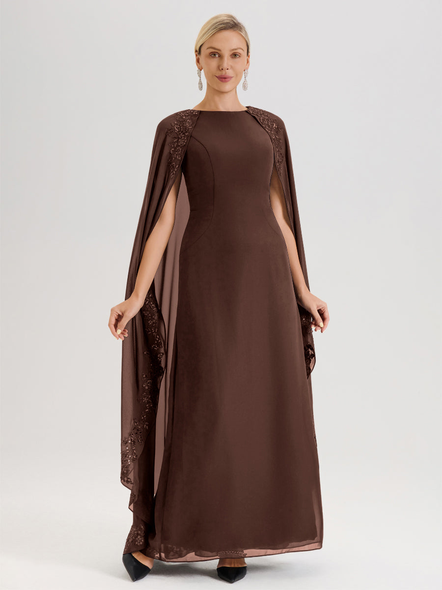 Cicinia Chocolat Robe De Mère De La Mariée Longue Col Rond Ligne A En Dentelle Et Mousseline À Cape