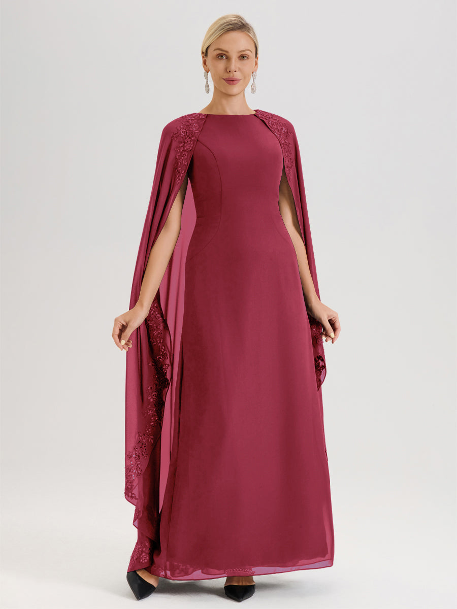 Cicinia Rose Cannelle Robe De Mère De La Mariée Longue Col Rond Ligne A En Dentelle Et Mousseline À Cape