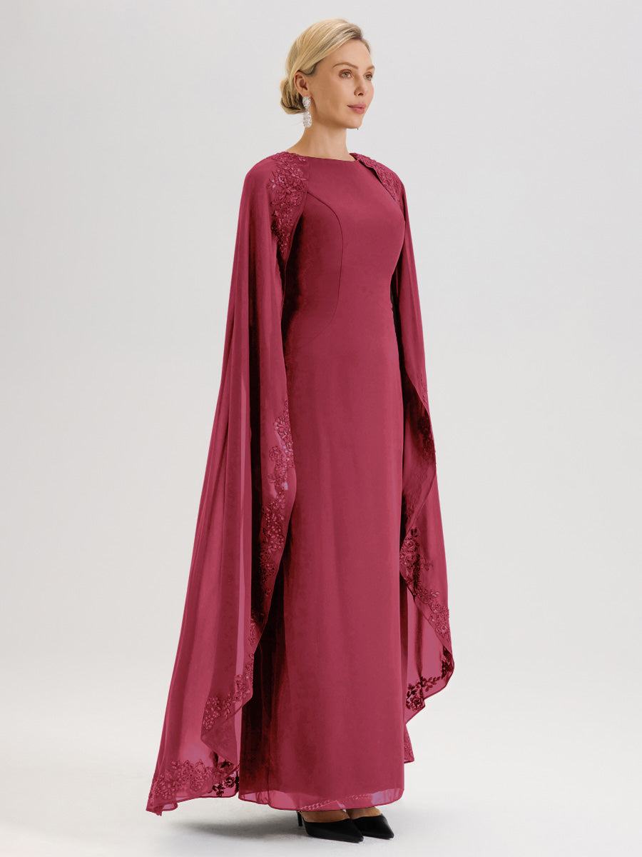Cicinia Rose Cannelle Robe De Mère De La Mariée Longue Col Rond Ligne A En Dentelle Et Mousseline À Cape