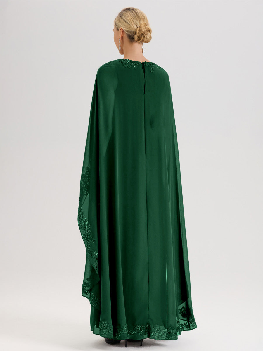 Cicinia Vert Foncé Robe De Mère De La Mariée Longue Col Rond Ligne A En Dentelle Et Mousseline À Cape