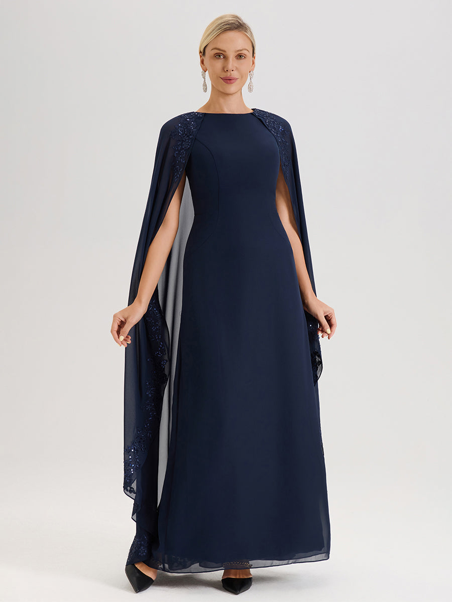 Cicinia Bleu Marine Robe De Mère De La Mariée Longue Col Rond Ligne A En Dentelle Et Mousseline À Cape