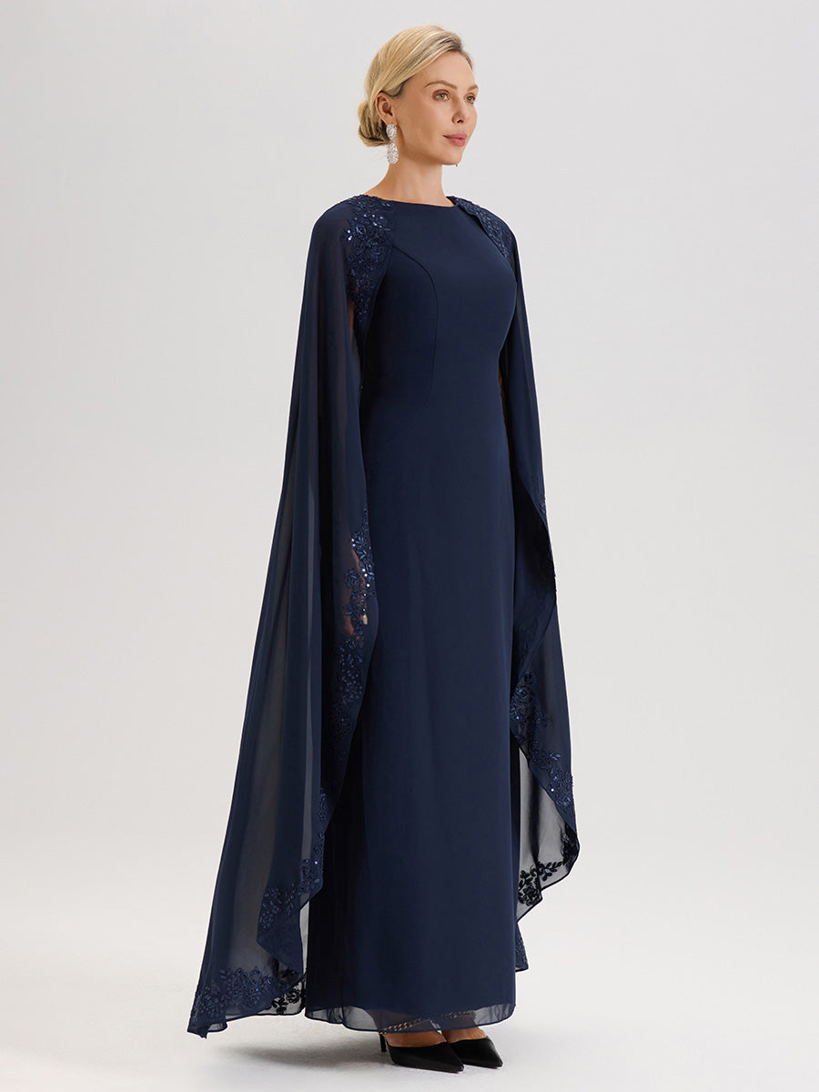 Cicinia Bleu Marine Robe De Mère De La Mariée Longue Col Rond Ligne A En Dentelle Et Mousseline À Cape