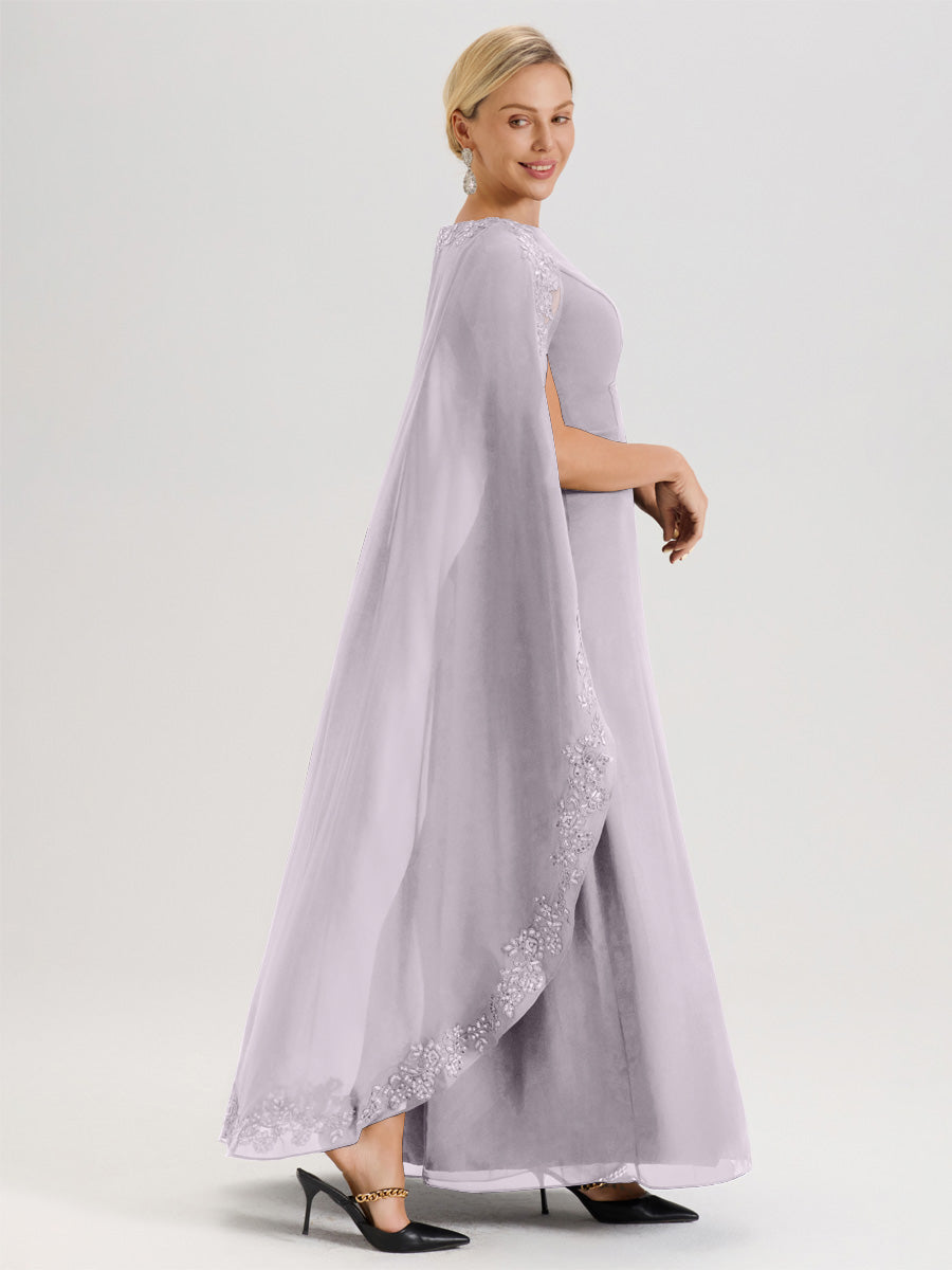 Cicinia Crépuscule Robe De Mère De La Mariée Longue Col Rond Ligne A En Dentelle Et Mousseline À Cape