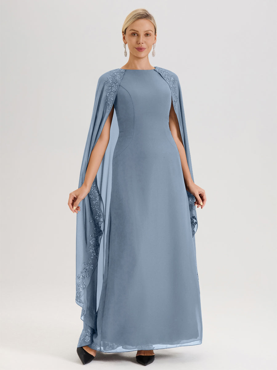 Cicinia Bleu Poudré Robe De Mère De La Mariée Longue Col Rond Ligne A En Dentelle Et Mousseline À Cape