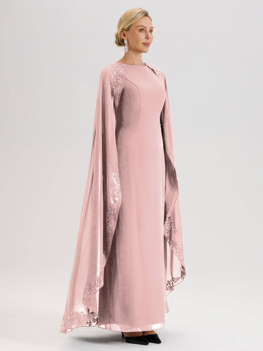 Cicinia Rose Poudré Robe De Mère De La Mariée Longue Col Rond Ligne A En Dentelle Et Mousseline À Cape