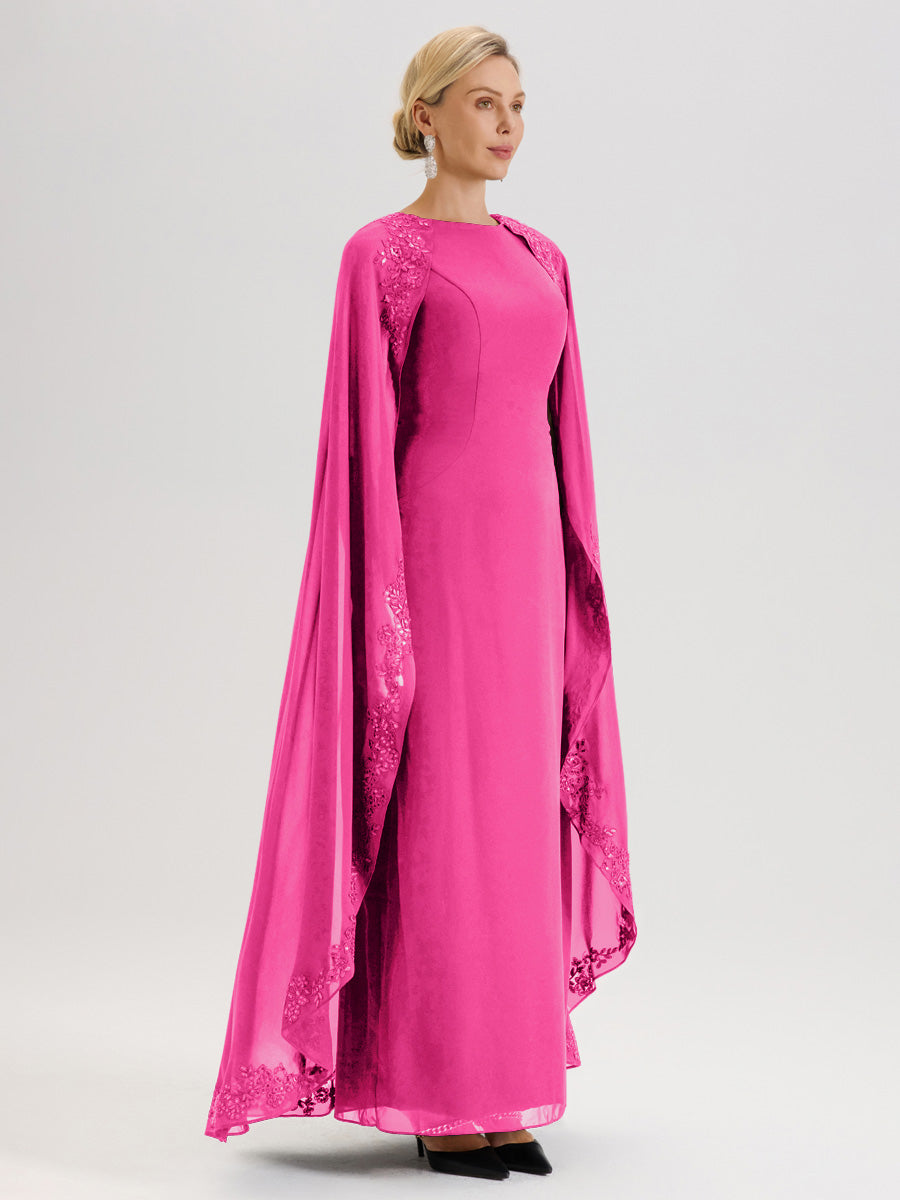 Cicinia Fuchsia Robe De Mère De La Mariée Longue Col Rond Ligne A En Dentelle Et Mousseline À Cape