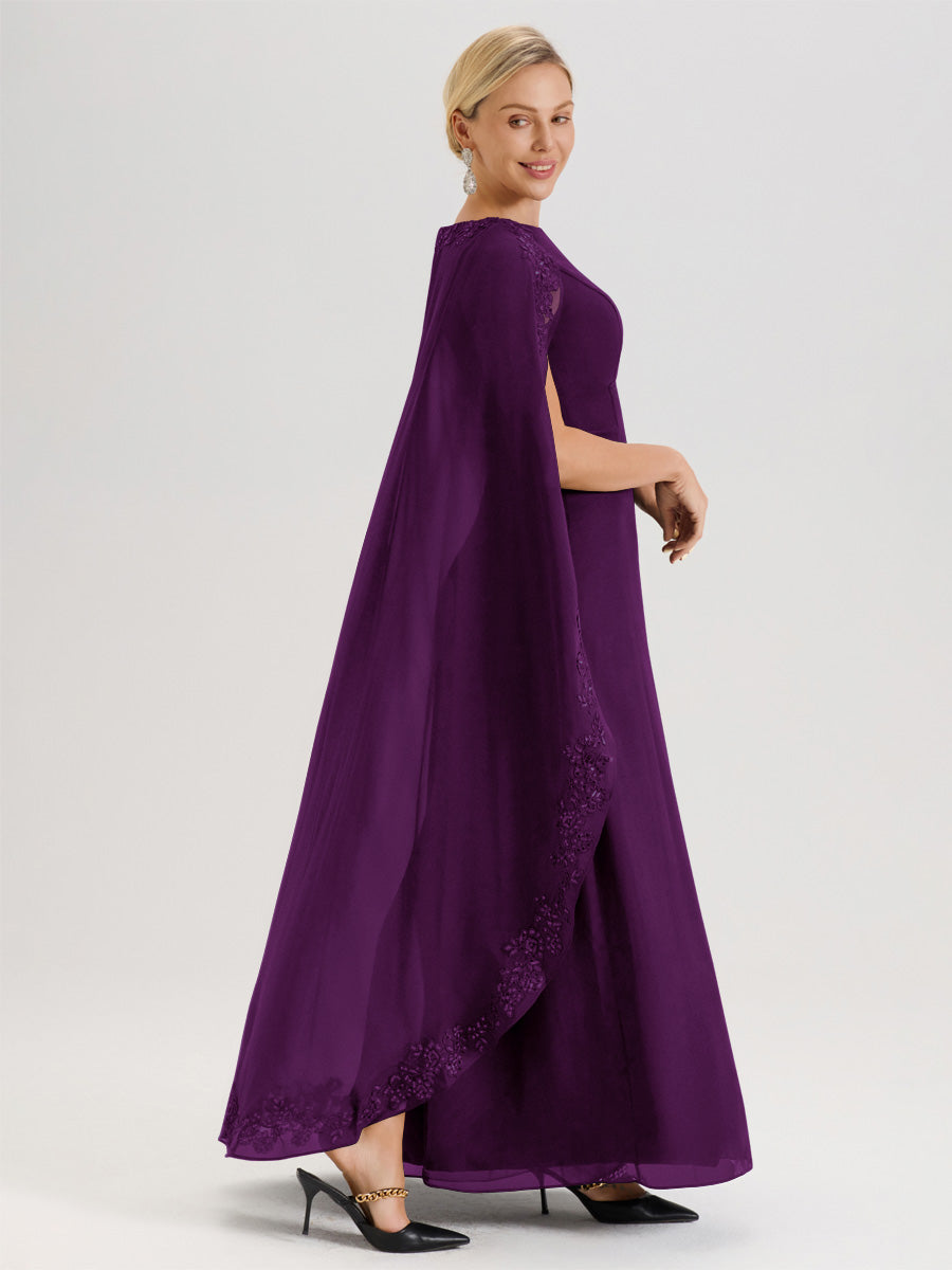 Cicinia Raisin Robe De Mère De La Mariée Longue Col Rond Ligne A En Dentelle Et Mousseline À Cape