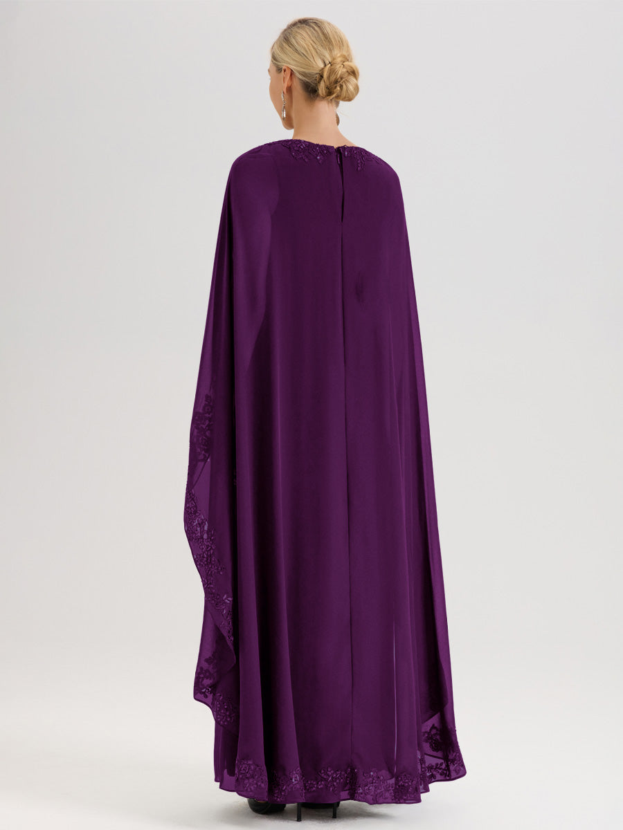 Cicinia Raisin Robe De Mère De La Mariée Longue Col Rond Ligne A En Dentelle Et Mousseline À Cape