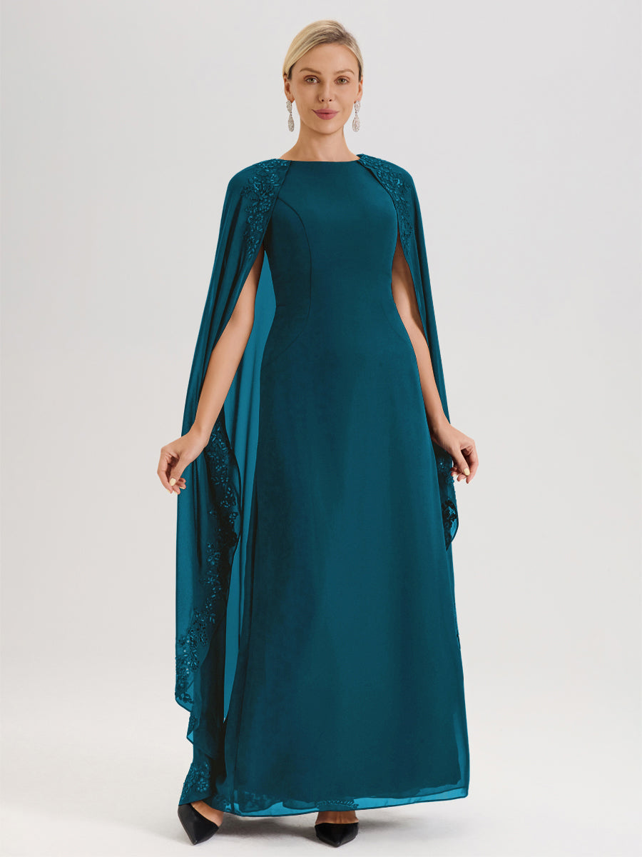 Cicinia Bleu Encre Robe De Mère De La Mariée Longue Col Rond Ligne A En Dentelle Et Mousseline À Cape