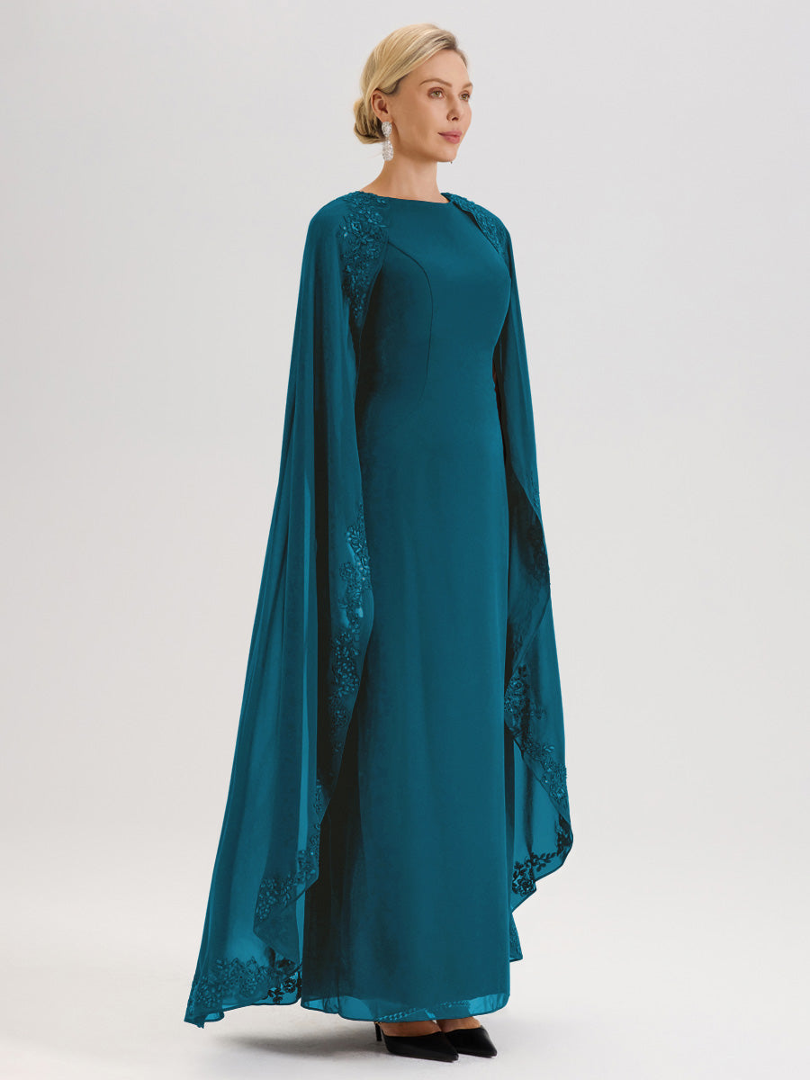 Cicinia Bleu Encre Robe De Mère De La Mariée Longue Col Rond Ligne A En Dentelle Et Mousseline À Cape