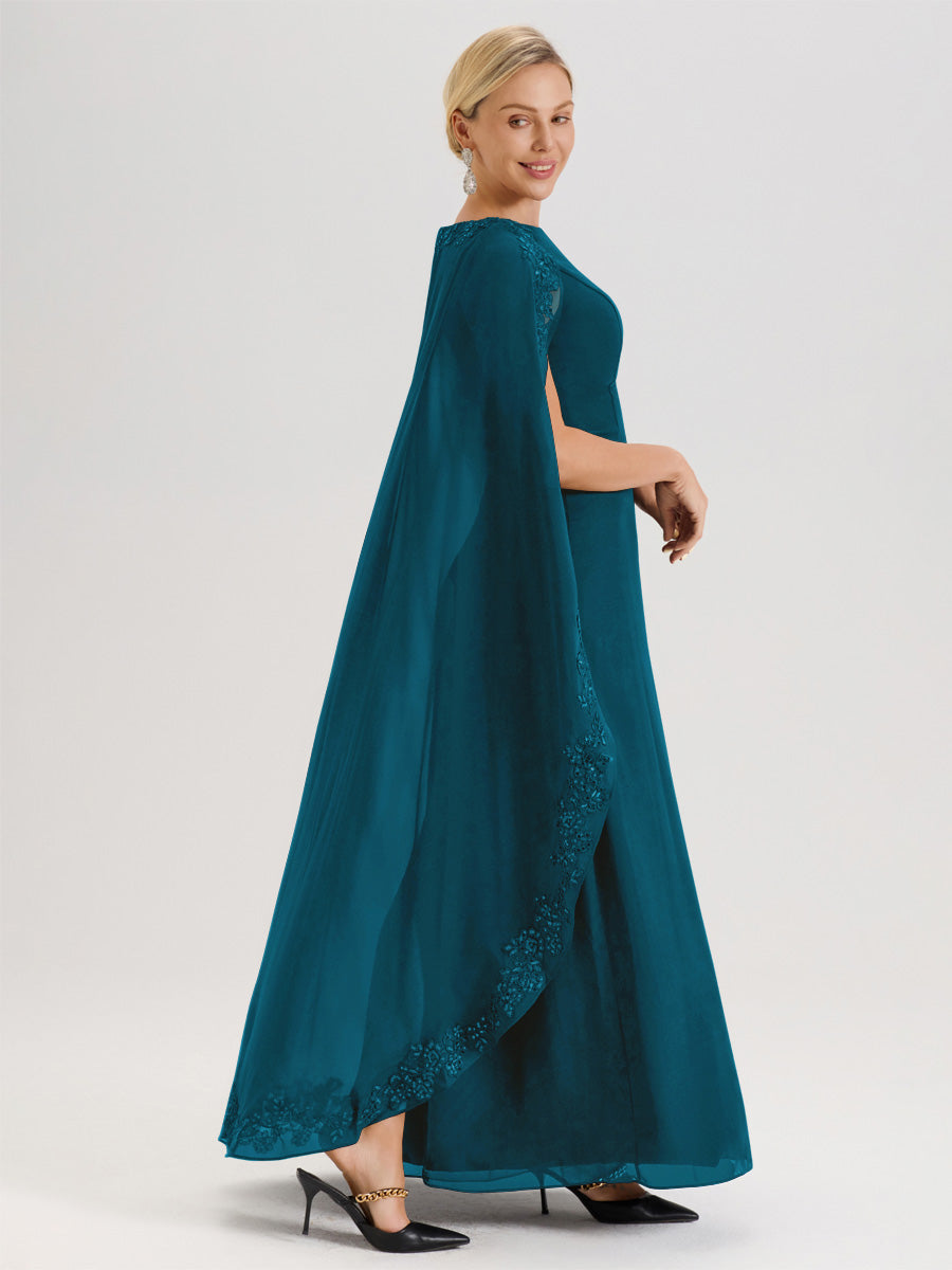 Cicinia Bleu Encre Robe De Mère De La Mariée Longue Col Rond Ligne A En Dentelle Et Mousseline À Cape