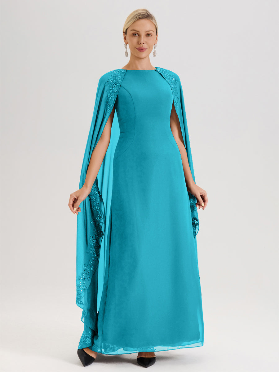 Cicinia Jade Robe De Mère De La Mariée Longue Col Rond Ligne A En Dentelle Et Mousseline À Cape