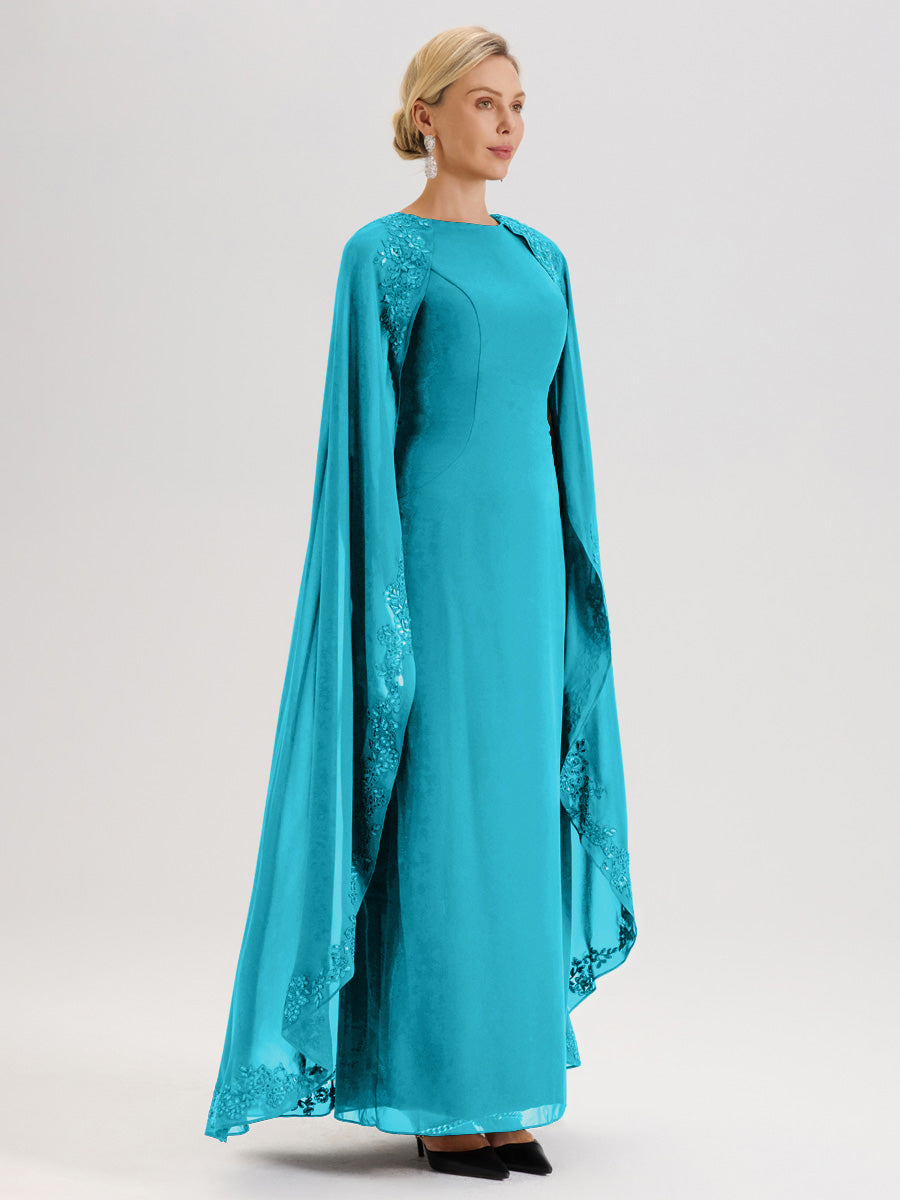 Cicinia Jade Robe De Mère De La Mariée Longue Col Rond Ligne A En Dentelle Et Mousseline À Cape