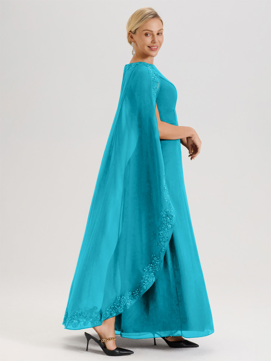 Cicinia Jade Robe De Mère De La Mariée Longue Col Rond Ligne A En Dentelle Et Mousseline À Cape