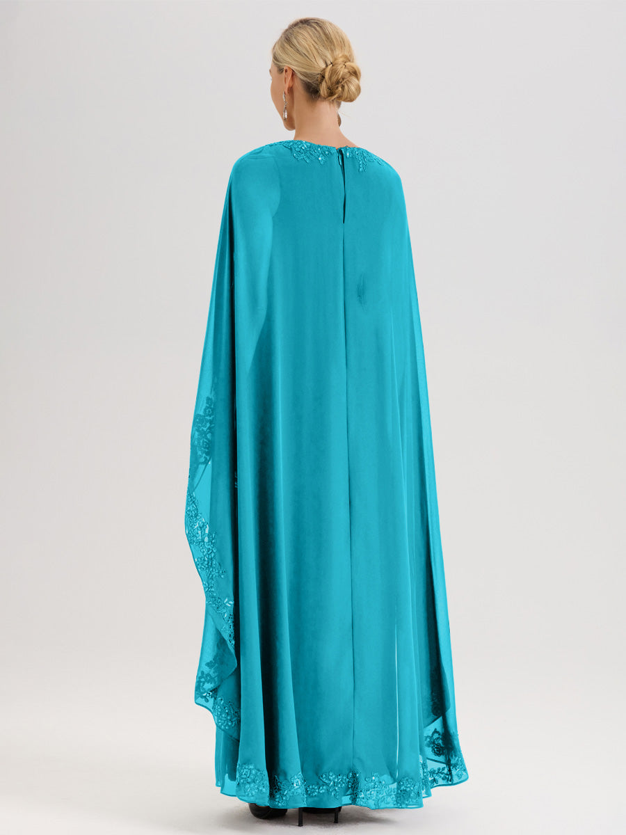 Cicinia Jade Robe De Mère De La Mariée Longue Col Rond Ligne A En Dentelle Et Mousseline À Cape