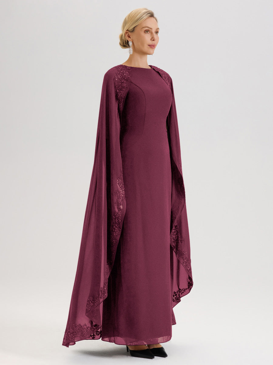 Cicinia Mûre Robe De Mère De La Mariée Longue Col Rond Ligne A En Dentelle Et Mousseline À Cape