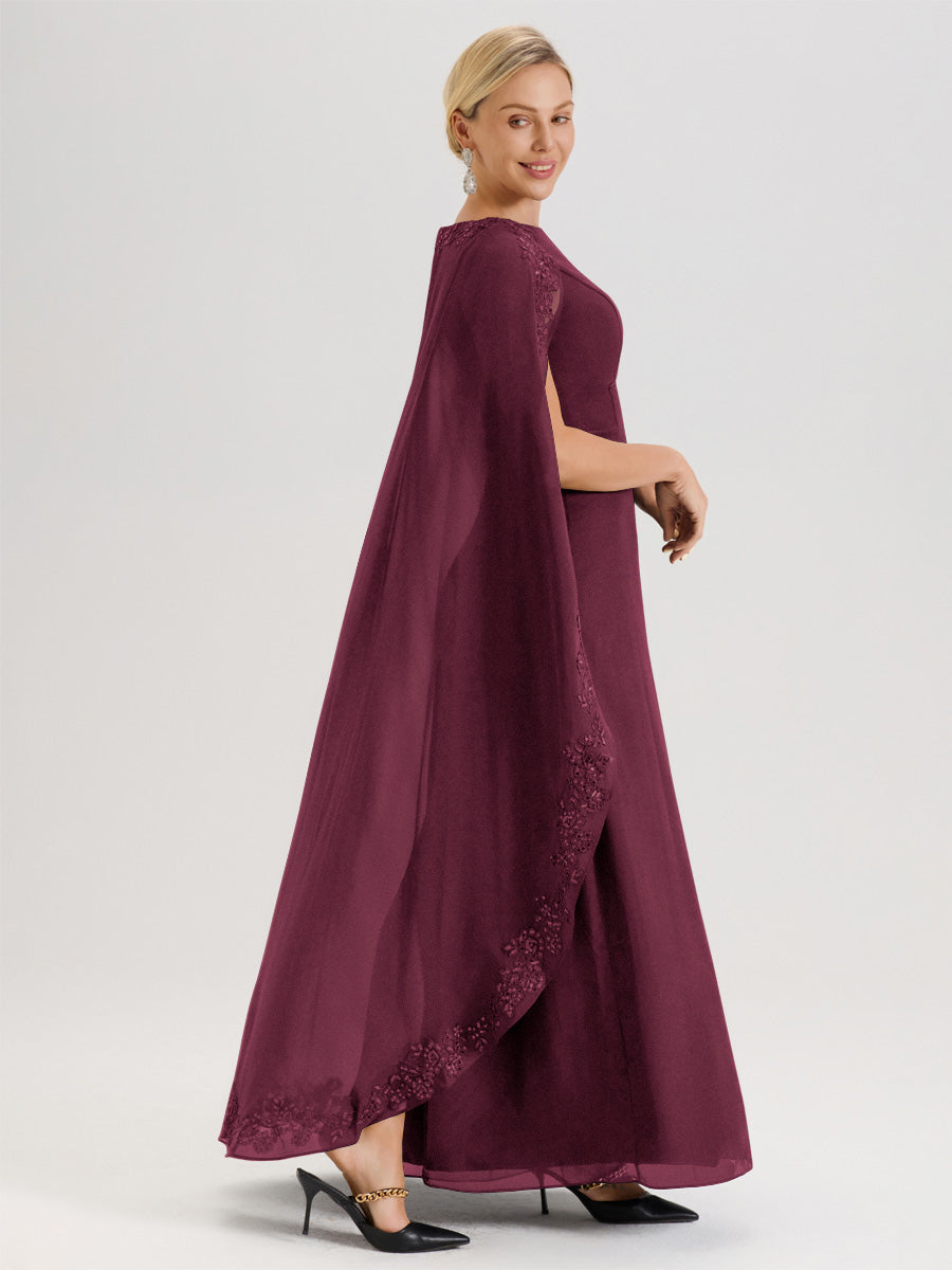 Cicinia Mûre Robe De Mère De La Mariée Longue Col Rond Ligne A En Dentelle Et Mousseline À Cape
