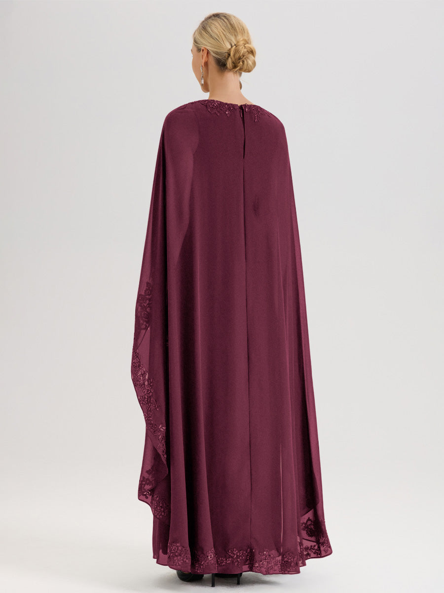 Cicinia Mûre Robe De Mère De La Mariée Longue Col Rond Ligne A En Dentelle Et Mousseline À Cape
