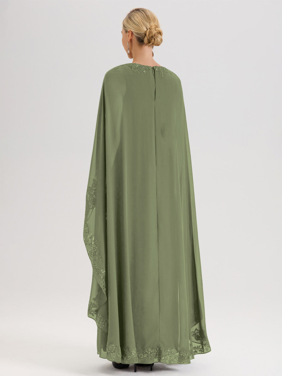 Cicinia Vert Olive Robe De Mère De La Mariée Longue Col Rond Ligne A En Dentelle Et Mousseline À Cape