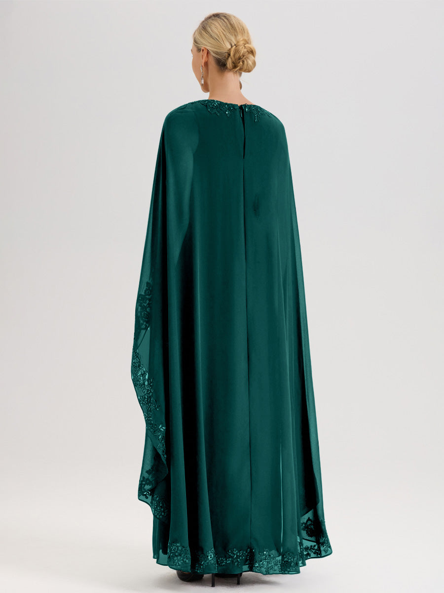 Cicinia Paon Robe De Mère De La Mariée Longue Col Rond Ligne A En Dentelle Et Mousseline À Cape