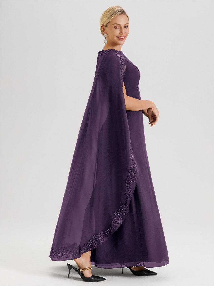 Cicinia Plum Robe De Mère De La Mariée Longue Col Rond Ligne A En Dentelle Et Mousseline À Cape