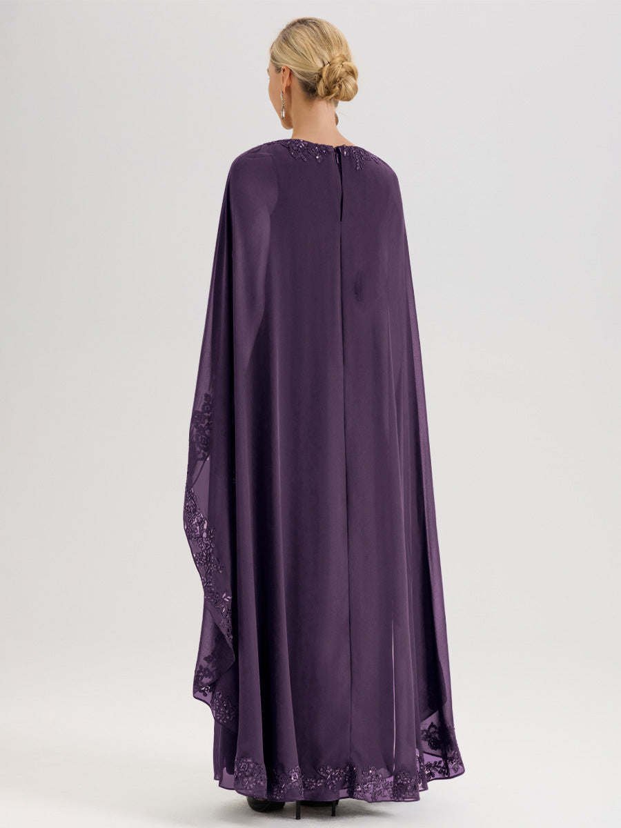 Cicinia Plum Robe De Mère De La Mariée Longue Col Rond Ligne A En Dentelle Et Mousseline À Cape