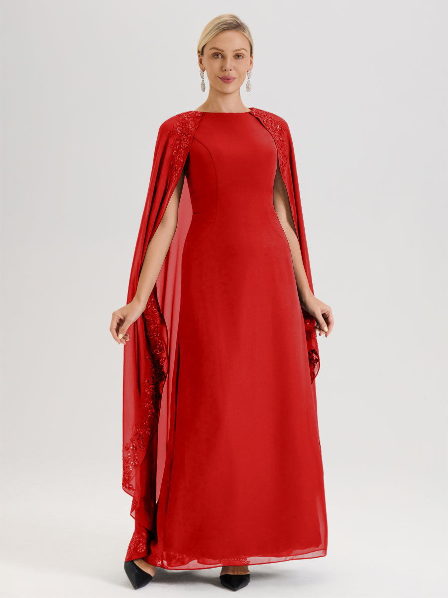 Cicinia Rouge Robe De Mère De La Mariée Longue Col Rond Ligne A En Dentelle Et Mousseline À Cape