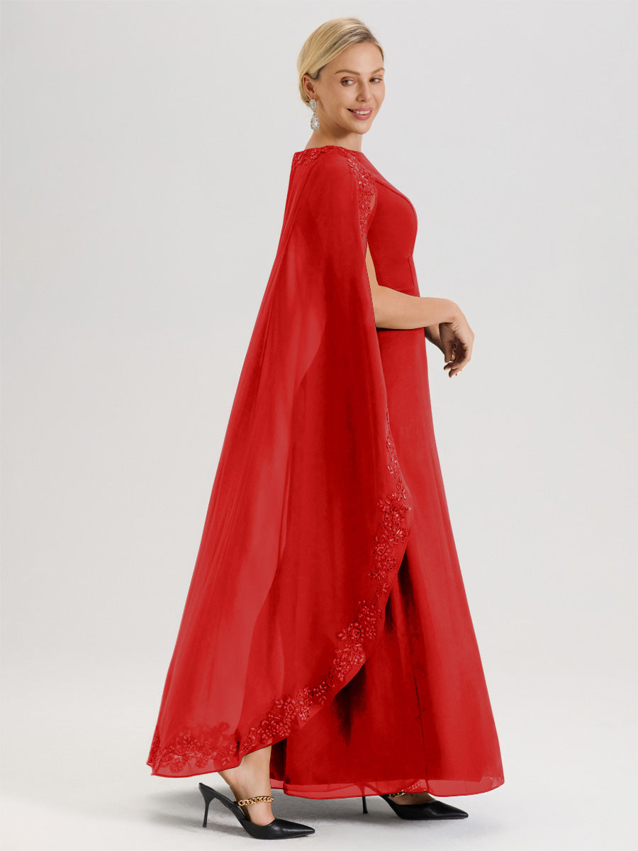 Cicinia Rouge Robe De Mère De La Mariée Longue Col Rond Ligne A En Dentelle Et Mousseline À Cape