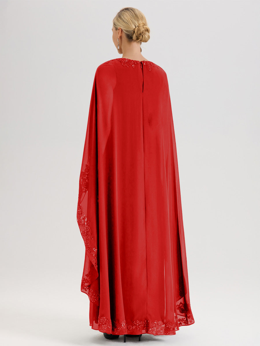 Cicinia Rouge Robe De Mère De La Mariée Longue Col Rond Ligne A En Dentelle Et Mousseline À Cape