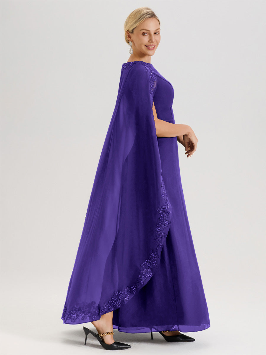 Cicinia Régence Robe De Mère De La Mariée Longue Col Rond Ligne A En Dentelle Et Mousseline À Cape