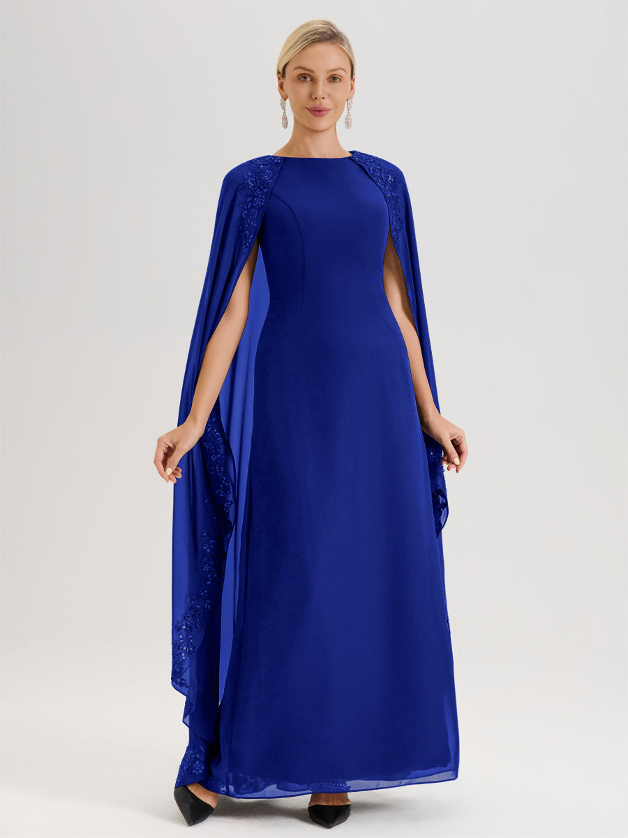 Cicinia Bleu Royale Robe De Mère De La Mariée Longue Col Rond Ligne A En Dentelle Et Mousseline À Cape