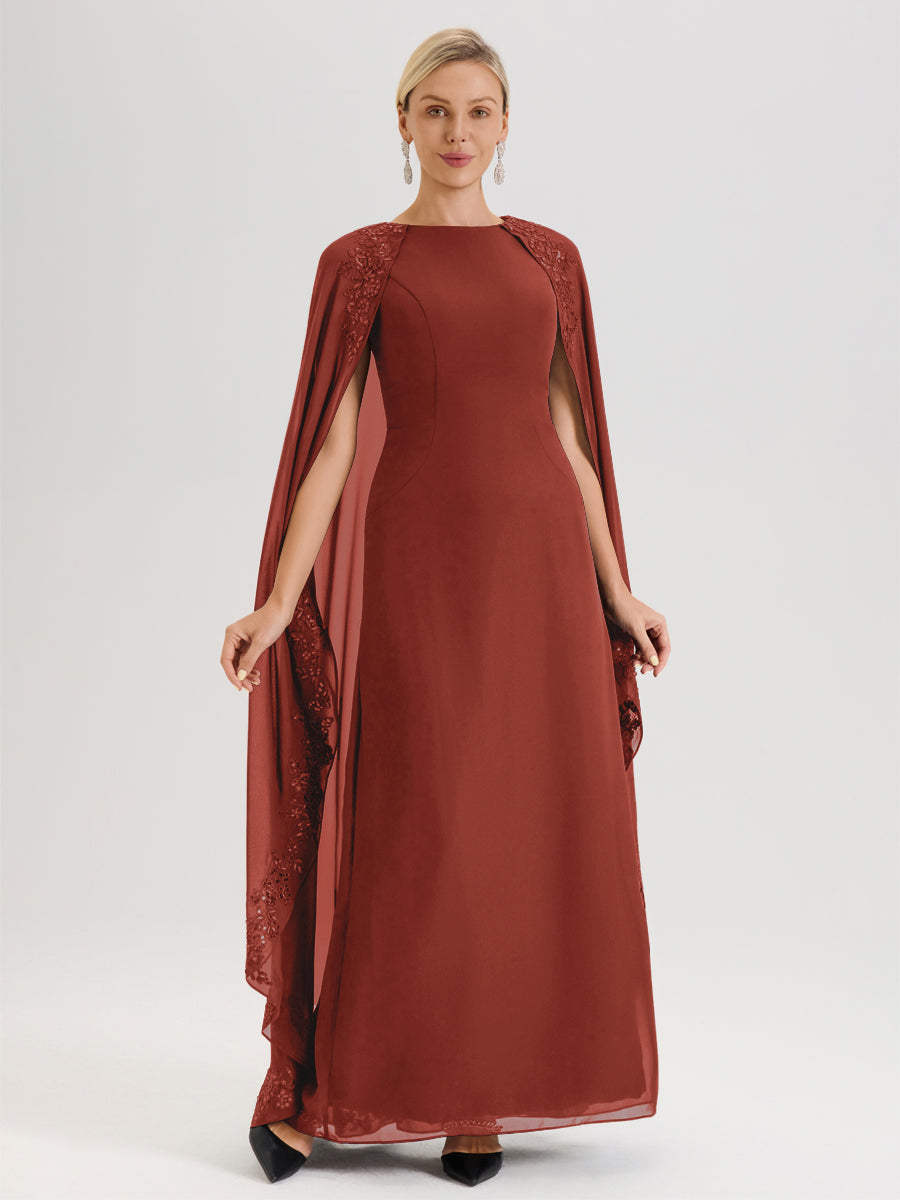 Cicinia Rouille Robe De Mère De La Mariée Longue Col Rond Ligne A En Dentelle Et Mousseline À Cape
