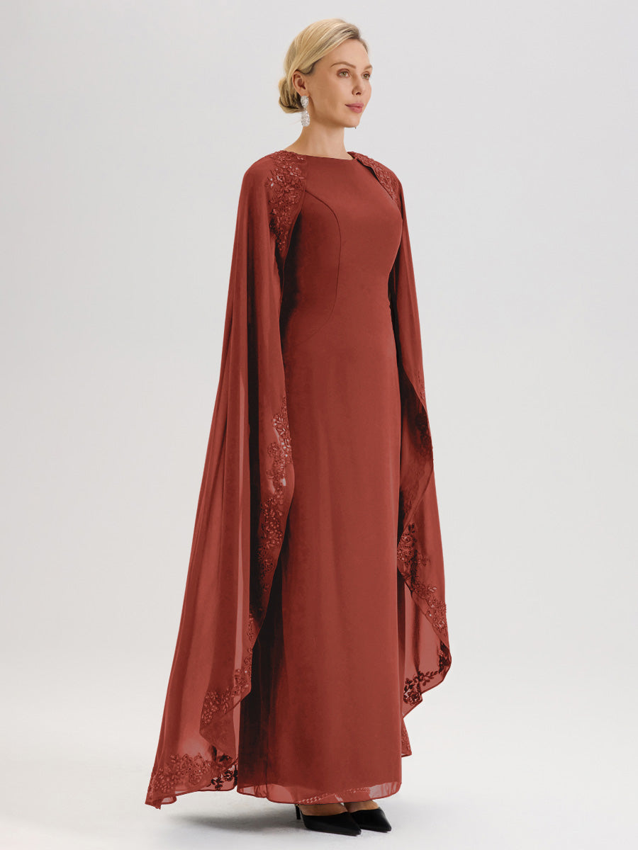 Cicinia Rouille Robe De Mère De La Mariée Longue Col Rond Ligne A En Dentelle Et Mousseline À Cape