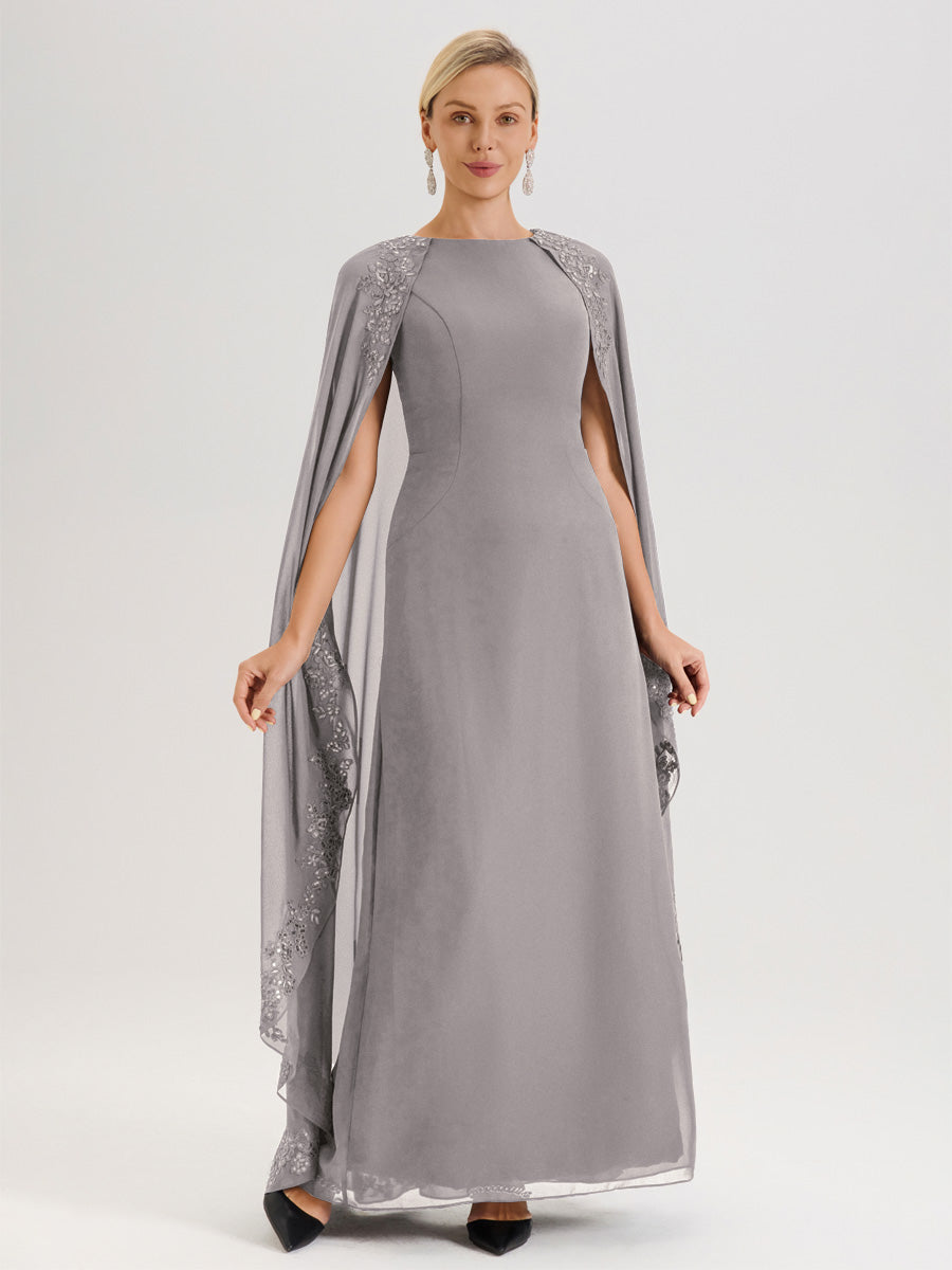 Cicinia Argent Robe De Mère De La Mariée Longue Col Rond Ligne A En Dentelle Et Mousseline À Cape