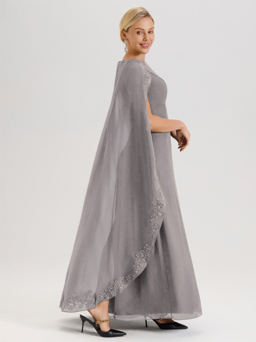 Cicinia Argent Robe De Mère De La Mariée Longue Col Rond Ligne A En Dentelle Et Mousseline À Cape
