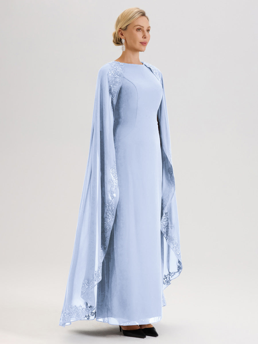 Cicinia Bleu Ciel Robe De Mère De La Mariée Longue Col Rond Ligne A En Dentelle Et Mousseline À Cape
